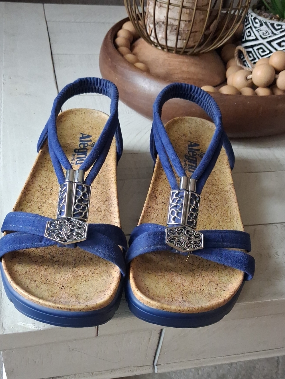 Alegria Women's Blue Slingback Cork Sandals with Decorative Metal Accents